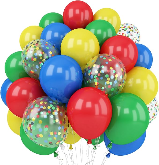Red Blue Yellow Green Balloon Set, 12 Inch Carnival Circus Party Balloon Red Blue Green Yellow Helium Balloons Confetti Latex Balloon for Video Game Party Rainbow Kid Birthday Party Carnival Circus