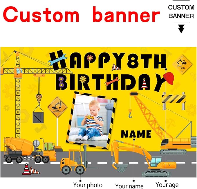 Custom Construction Happy Birthday Party Decorations Supplies Personalized Excavator Crane Dump Truck Digger Birthday Backdrop Banner(5x7.5ft)