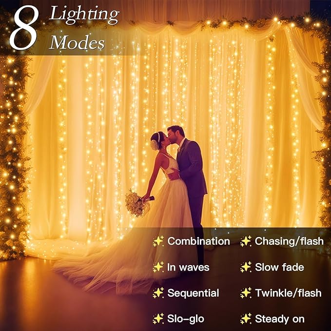 300 LED Curtain String Lights 9.8 * 9.8FT Plug in Fairy Lights with Timer and 8 Modes, Waterproof Window Wall Lights for Bedroom Wedding Party Indoor Outdoor Christmas Decor
