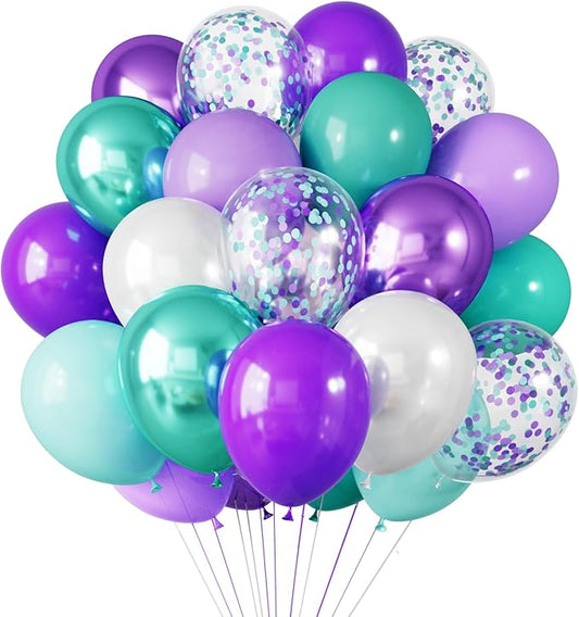RUBFAC Purple Party Balloons, Purple and Teal Balloons, 65pcs Metallic Purple Green Blue Confetti Latex Balloons for Magic Birthday Party Decorations
