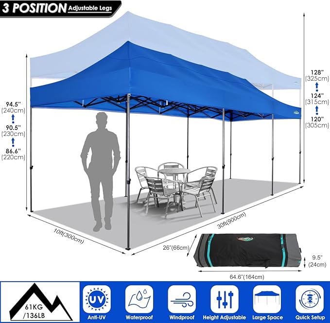 COBIZI 10x30 Heavy Duty Pop up Canopy with 8 sidewalls Party Tent for Parties Weddings Events UPF 50+ Waterproof Commercial Gazebo with Roller Bag, Blue(Frame Thickened)