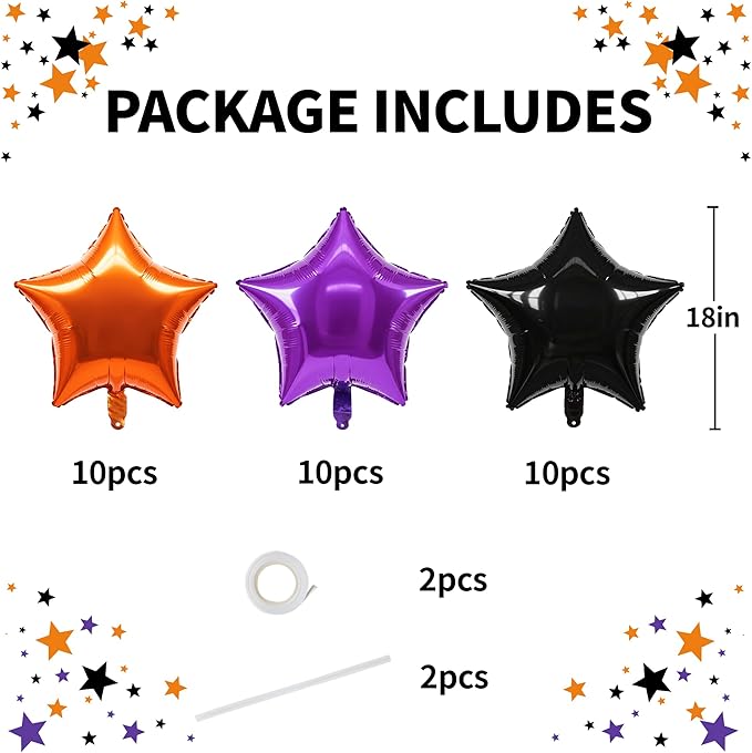 TONIFUL 30Pcs 18 Inch Large Orange Black Purple Star Shape Foil Balloons Big Stars Helium Mylar Ballons for Halloween Birthday Wedding Baby Shower Anniversary Engagement Party Decorations Supplies