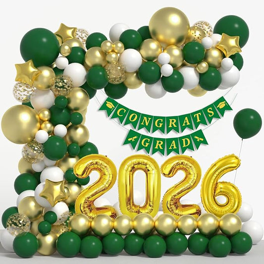 Graduation Decorations Class of 2026: Green and Gold Graduation Balloon Arch Garland Kit and Gold Confetti Balloons Congrats Grad Banner 2026 Foil Balloon Decorations For Grad Party