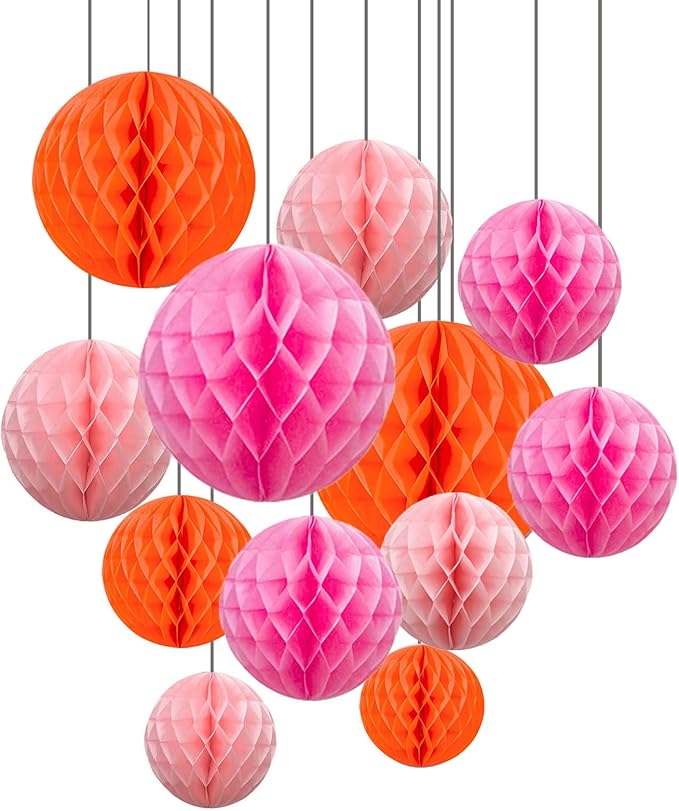 ZOOYOO 12Pcs 6" 10" Honeycomb Balls Decorations Hanging Tissue Paper Pom poms for Birthday Baby Shower Wedding Engagement Holidays Home Fall Thanksgiving Decor(Pink,Orange)