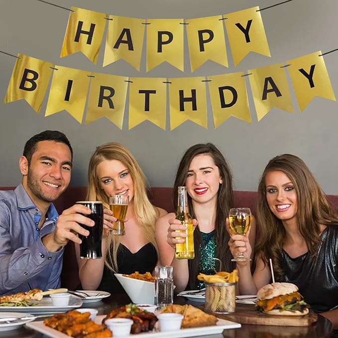 Gold Happy Birthday Banner,Pre-Strung Gold and Black Birthday Party Decorations,16ft Hanging Sign for Kids, Girls, Boys, Women – No DIY, Backdrop Supplies