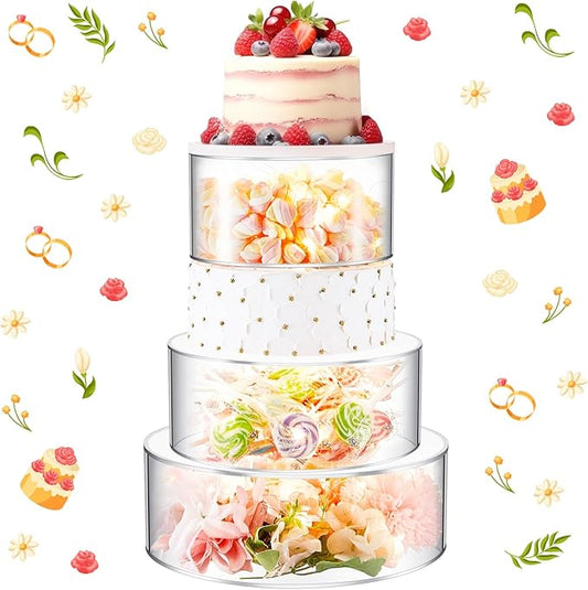 Sintuff 3 Pcs Acrylic Cake Stand with LED Lights 9‘’, 11‘’, 13‘’ Clear Fillable Cake Riser Round 3 Tier Case Box for Wedding Birthday Holiday Party Food Display, 3 Sizes