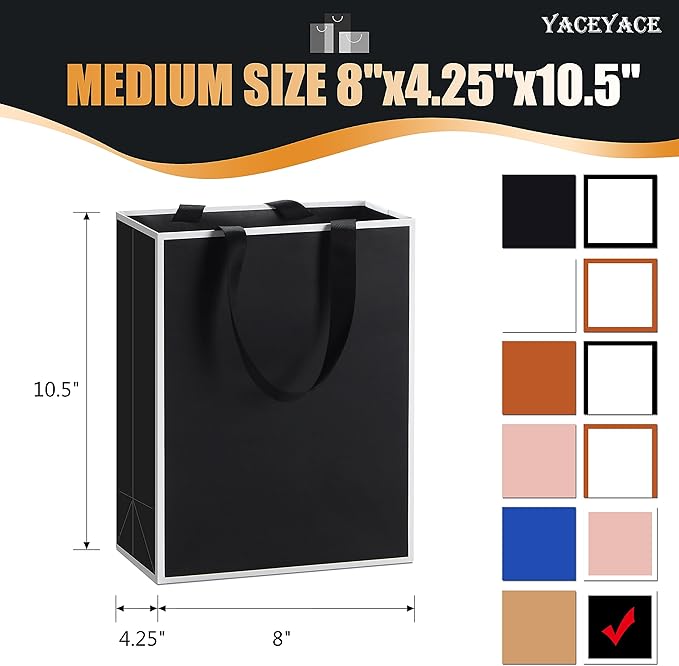 Black Gift Bags Bulk, 10Pcs 8"x4.25"x10.5" Black Paper Gift Bags with Ribbon Handles,Medium Gift Bags,Party Bags,Birthday Bags,Boutique Bags