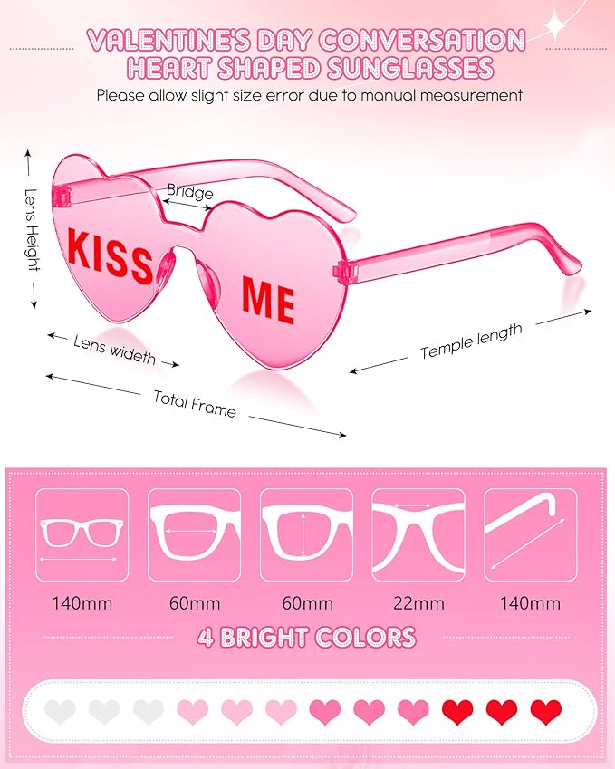LEIFIDE 12 Pieces Valentine Heart Shape Rimless Fun Sunglasses Conversation Heart Glasses Eyewear for Wedding Party Favor