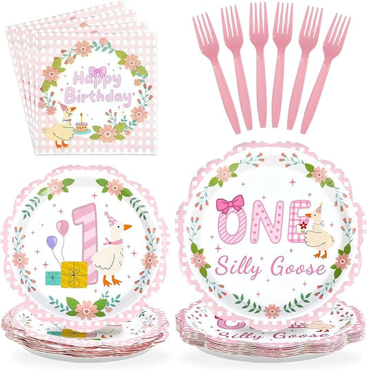 96Pcs One Silly Goose Birthday Party Decorations Goose 1st Birthday Paper Plates and Napkins Sets Pink Bow Cute Wreath Geese Decorations for Baby Girls One Year Old Bday Party Supplies Serves 24