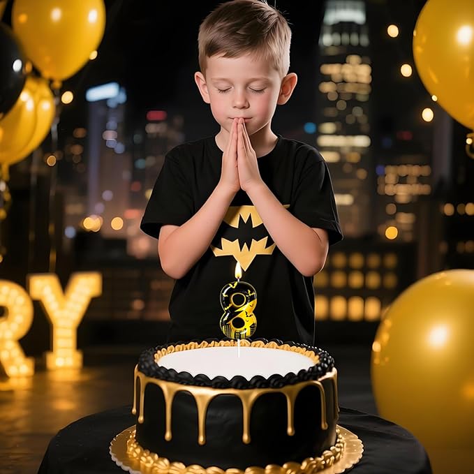 Black Yellow Number 8 Birthday Candle for Cake – Dark Night Hero Style with Bat & City Silhouette Design – Unique Cake Topper for Birthday, Anniversary, Themed Party Decoration