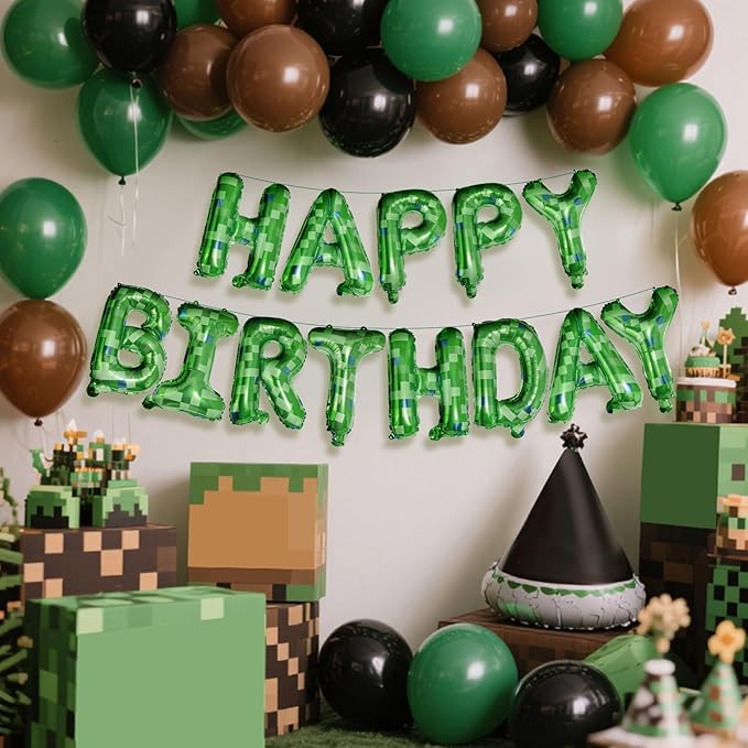 CANREVEL Happy Birthday Banner 13pcs 16 Inch Mylar Foil Letters Sign Balloons Green Pixel Miner Theme Birthday Party Decorations for Kids and Adults