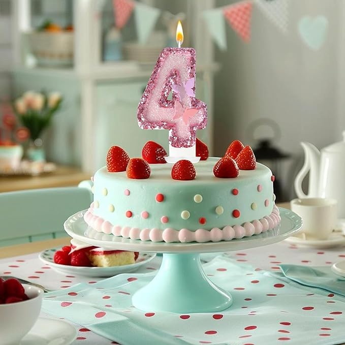 4th Birthday Candles，Glitter Butterfly Cake Toppers Pink Sequins Wedding Numeral Cupcake Decorations，Suitable for Girl and boy Wedding Cakes, Party Celebrations, Birthday Decorations