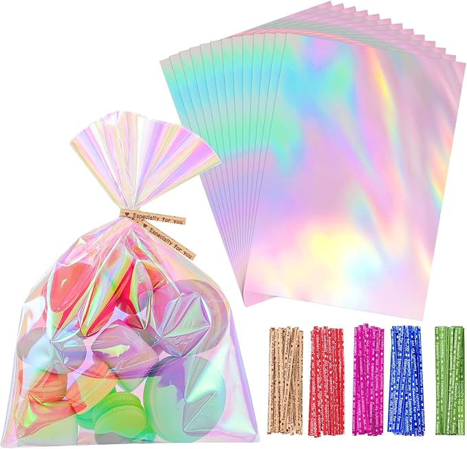 woric 150PCS Iridescent Cellophane Treat Bags with Ties 5x7 Inch Plastic Clear Party Favor Bags Gift Bag for Candies Cookies Baby Showers Weddings Birthday Party Gifts