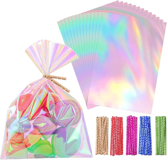 woric 150PCS Iridescent Cellophane Treat Bags with Ties 5x7 Inch Plastic Clear Party Favor Bags Gift Bag for Candies Cookies Baby Showers Weddings Birthday Party Gifts