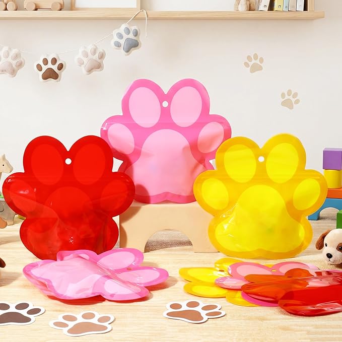 Resurhang 60 Pcs Dog Paw Zipper Treat Bags Red Pink Yellow Food Goodie Gifts Bags Resealable Puppy Themed Party Snack Candy Containers for Kids Birthday Baby Shower Pet Dog Supplies