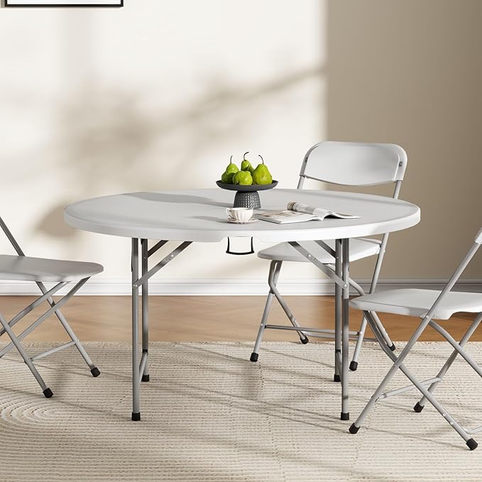OS MOTOR 4.5ft Round Folding Table with Carry Handle, Portable Heavy Duty Plastic Utility Table with Steel Legs for Party, Wedding, Camping, Indoor, Outdoor Event, 54 Inch, White