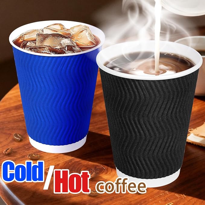 MOUMOULIFE 12 oz Disposable Paper Coffee Cups, 100 Pack 4-Color Assortment (Black, Blue, Red, Yellow), Leak-Proof Insulated Ripple Wall To-Go Cups for Hot/Cold Drinks, Home Office Cafe Party