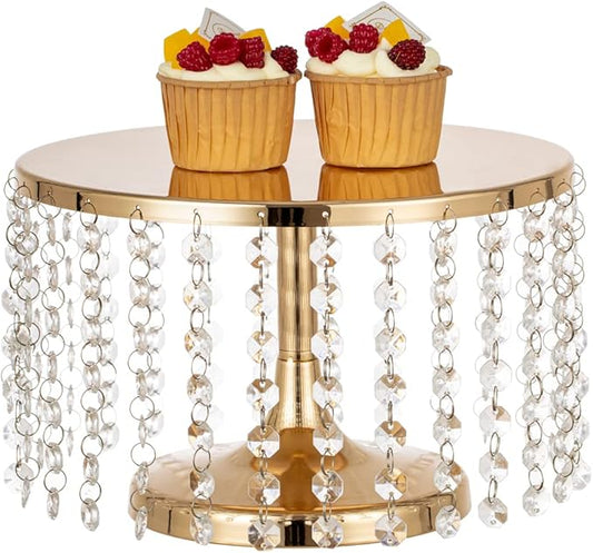 Cake Stand for Dessert Table 10 Inch Gold Crystal Pendants Metal Cake Stand Serves as A Round Dessert Cupcake Display Plate for Table, Wedding, Party, Event