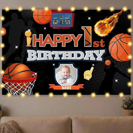 Dicodes Custom Basketball Themed Birthday Decoration Banner with Personalized Photo and Name