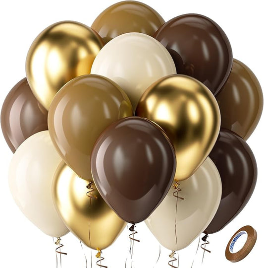 Bezente Brown and Gold Balloons Kit - 60pcs 12 inch Tan Sand White Latex Balloons Neutral Helium Fall Coffee Balloons for Baby Shower Gender Reveal Birthday Wedding Graduation Theme Party Decorations