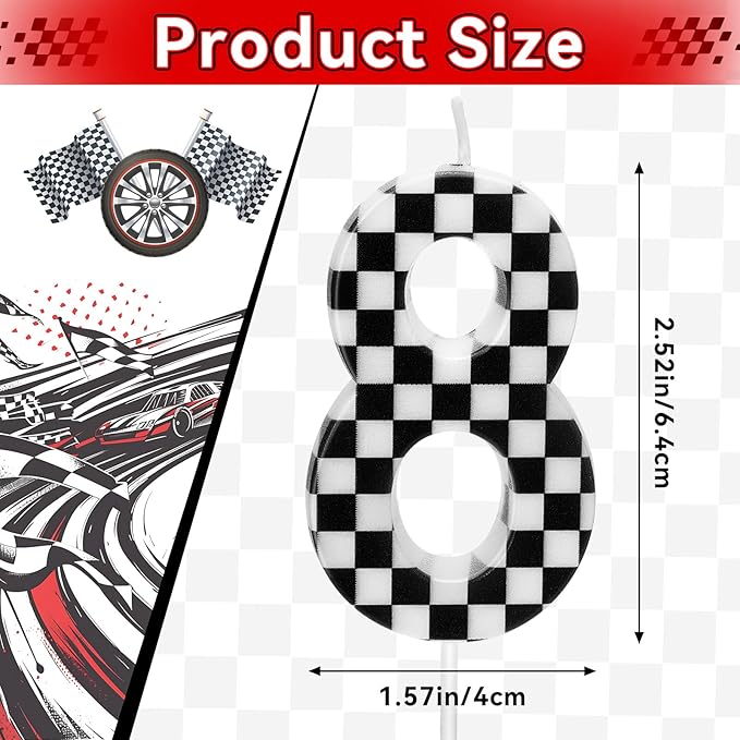 Racing Car Themed Birthday Candles, Number 8 Checkered Candles, Black & White Checkered Cake Decoration, Car Cake Topper for Party Decoration Theme Party Supplies