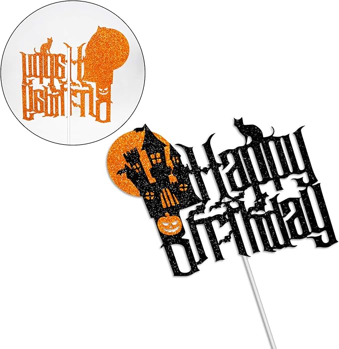 Halloween Birthday Cartoon Cake Topper with Spooky Haunted House Black Glitter Cake Decorations for Halloween Scary Theme Party Decor Supplies