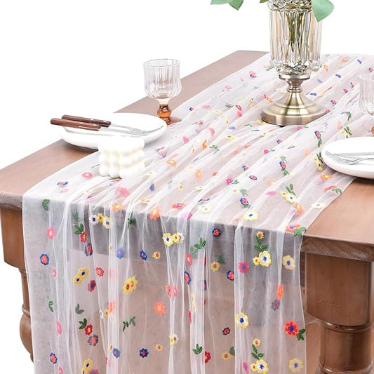 Joanlody 3pcs Ivory Embroidery Daisy Spring Summer Table Runner 10ft Florals Seasonal Easter Tulle Table Runner Holiday Kitchen Dining Table Decoration for Home Party Indoor