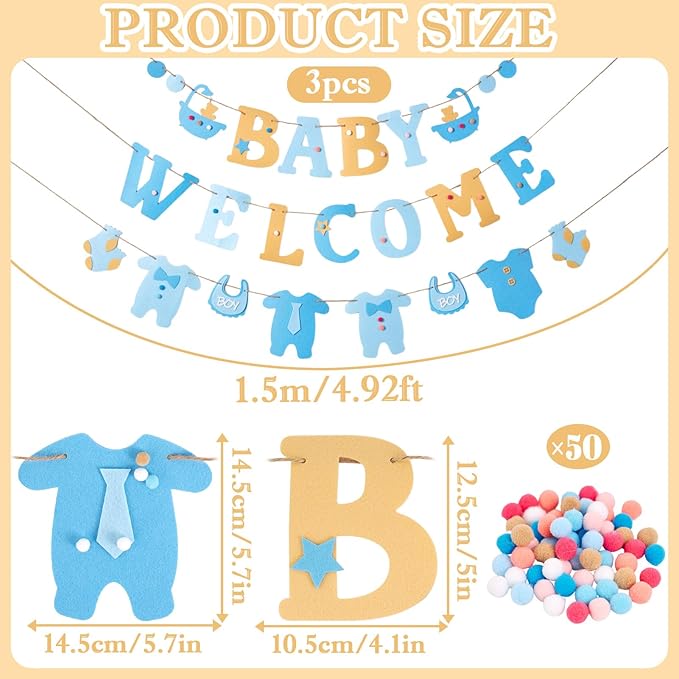 SUNBEAUTY Boy Baby Shower Decorations Welcome Baby Felt Banner Blue Boy Baby Bodysuit Banner with DIY Felt Balls Welcome Baby Sign for Gender Reveal Birthday Baby Shower Neutral Party Nursery Decor