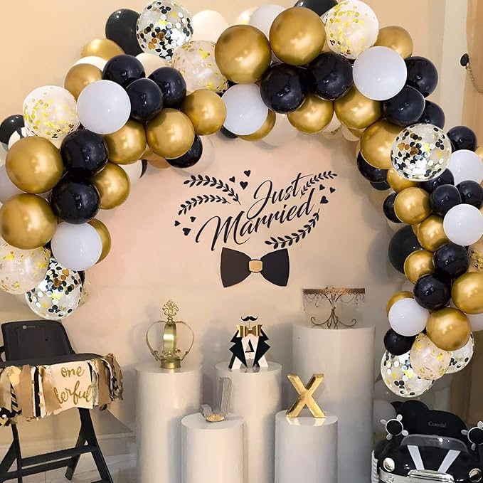 72 Pack Black Gold Confetti Balloons Kit, 12 Inch Black Gold White Balloons and Gold Confetti Balloons with Balloon Ribbons for Graduation Birthday Wedding Baby Shower Party Decorations