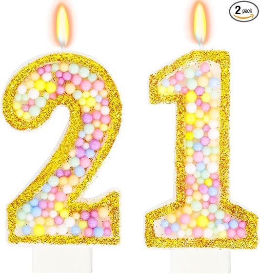 21st Birthday Candle for Cake, Colorful Macaron Numeral Candles for Women/Men, Birthday Party Cake Decorations, Golden Cake Topper for Birthday Party Supplies (Number 21)