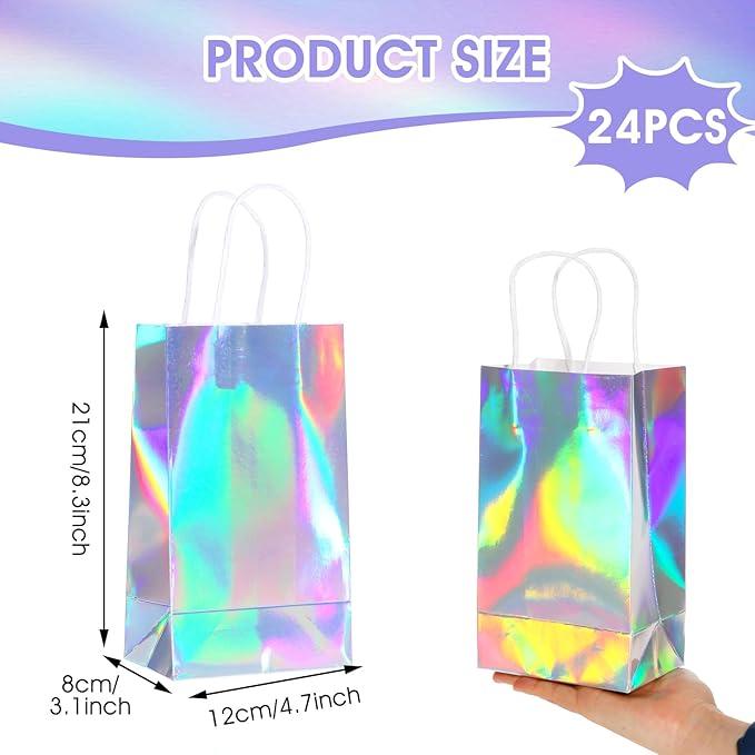 Abeillo 24 Pcs Reusable Paper Gift Bags with Handle, Iridescent Gift Bag Glossy Holographic Goodie Bag Gift Handbag Bulk for Baby Shower Christmas Birthday Party Favor, 8.3 x 4.7 x 3.1 Inch