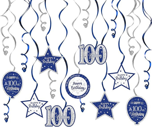 Happy 100th Birthday Blue & Silver Glitter Swirls Streamers Party Decorations - 15 Pcs 100th Birthday Hanging Swirls Streamers Kit,Cheers to 100 Years Old Bday Party Sign.