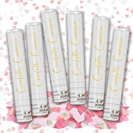 12" Confetti Cannons with Pink & White Heart Filling - Party Poppers for Gender Reveal Baby Shower Bridal Shower Valentine Wedding Anniversary - Easy to Use,Biodegradable Confetti - Pack of 6