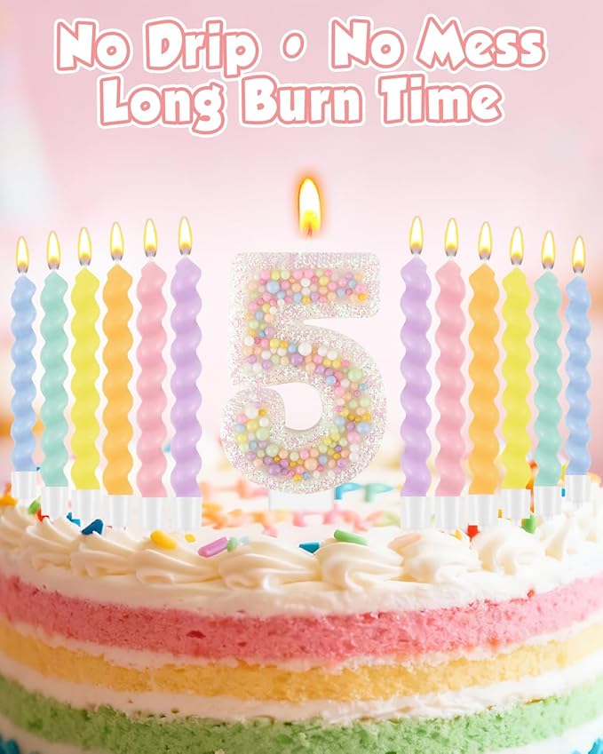 Birthday Candles for Cake, Pink Number Candles, Cake Candles with Greeting Card for Birthday Party Wedding Anniversary Celebrations（5 Candle,White Number Macaron）