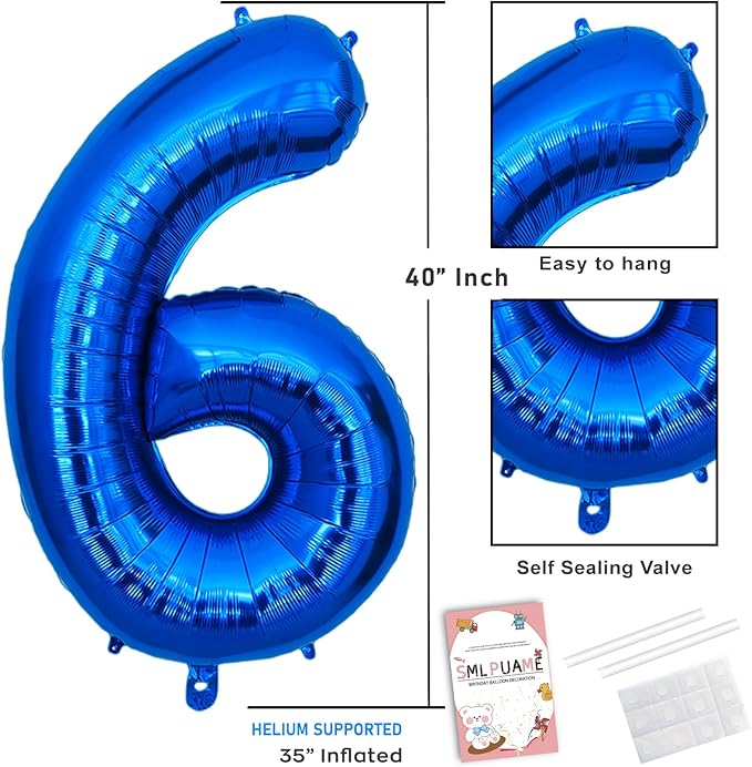 40 Inch Navy Blue 6 Balloon for 6th Birthday Party, Blue Six Number Balloon 16 26 Birthday Decorations for Boys Girls Men Women, Helium Giant Foil Number 6 Balloon