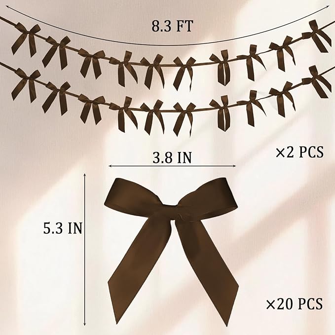 2pcs Brown Bow Garland Banner - 8.3 Feet Coquette Ribbon Bow Decorations for Baby Shower, Birthday Party, Bridal Shower Decor (Brown)