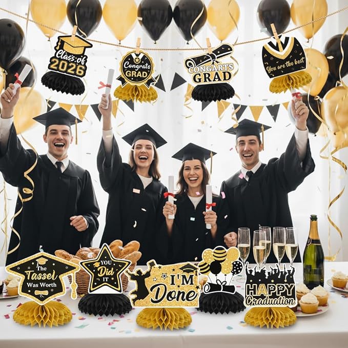 Graduation Decorations Class of 2026 Honeycomb Centerpieces, 9PCS Graduation Centerpieces for Tables, Congrats Grad Table Toppers Decor for 2026 Graduation Party Decoration Favor Supplies (Black Gold)