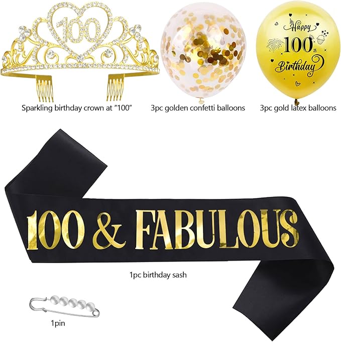 100th Birthday Tiara and Sash Kit - '100 & FABULOUS' Black Sashes and Gold Rhinestone Birthday Crown for Women