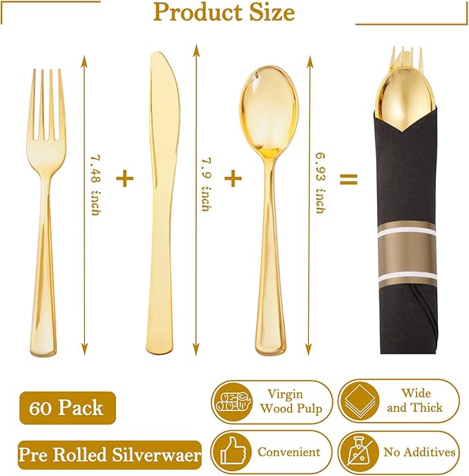 Supernal 60 Pack Pre Rolled Gold Plastic Silverware with Black Napkins - Heavy Duty Pre Wrapped Gold Cutlery Set Disposable - Elegant Plastic Forks, Spoons & Knives for Weddings, Parties, Catering