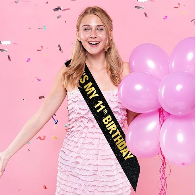 It's My 11th Birthday Sash for Boys Girls, Black Glitter Sash with Gold Foil