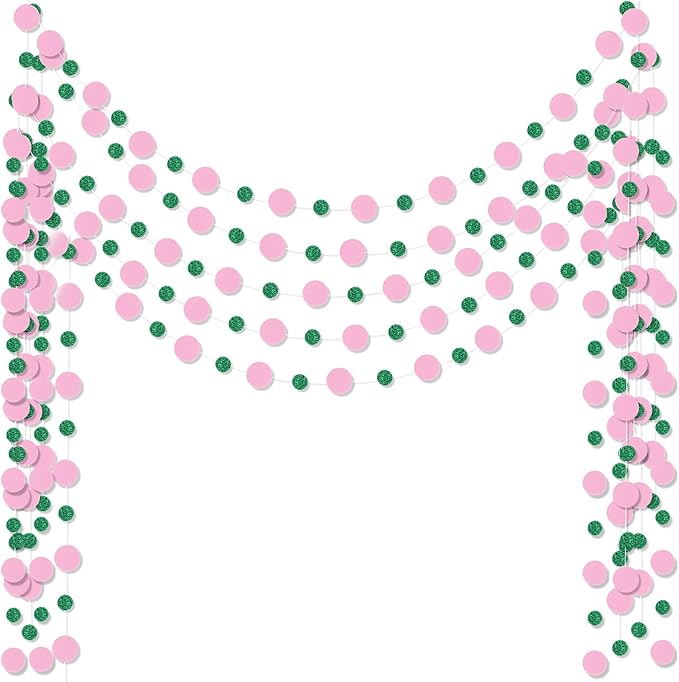 Outus 5 Pieces Pink,Green Round Dots Garland Graduation Party Hanging Decor Each Length 13.1ft Glitter Paper Dot Streamers for Birthday Wedding Classroom Supplies