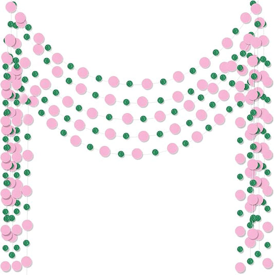 Outus 5 Pieces Pink,Green Round Dots Garland Graduation Party Hanging Decor Each Length 13.1ft Glitter Paper Dot Streamers for Birthday Wedding Classroom Supplies
