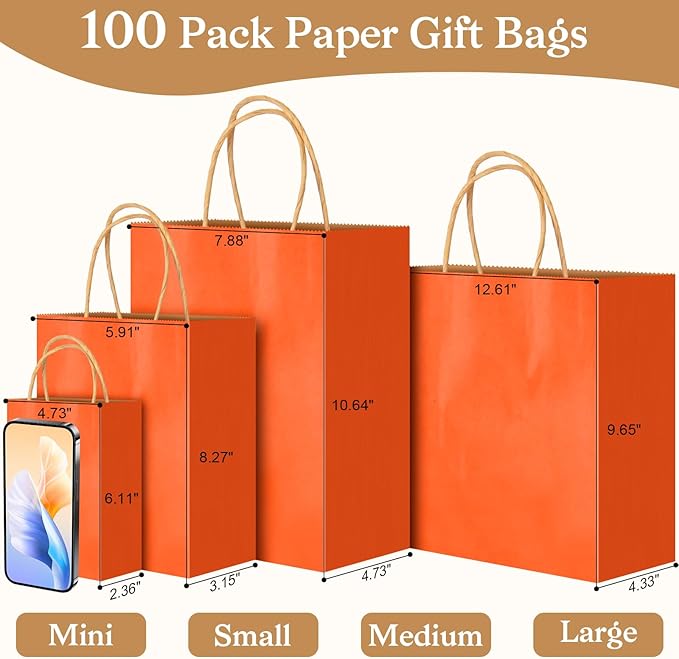 100 PCS Medium Gift Bags with Handles, 7.88"x4.73"x10.64" Party Favor Bags, 12 Colored Goodie Bags for Birthday Party, Kraft Paper Gift Bags Bulk for Wedding, Baby Shower, Celebrations, Party Supplies
