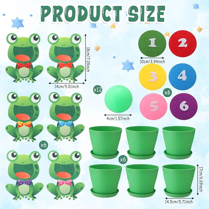 Frog Toss Ball Game Frog Birthday Decorations with 6 Plastic Flower Pots 6 Frogs Decor 12 Balls Toss Play Set for Green Frogs Party Decorations Favors Supplies Indoor Outdoor