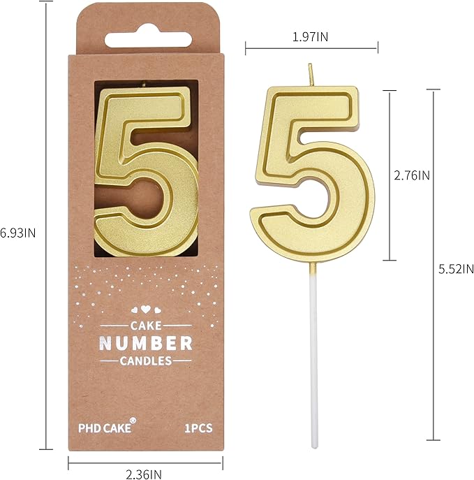 PHD CAKE 2.76 Inch Luxe Gold 5 Number Birthday Candles, Gold Number Candle, Cake Number Candles, Party Celebration