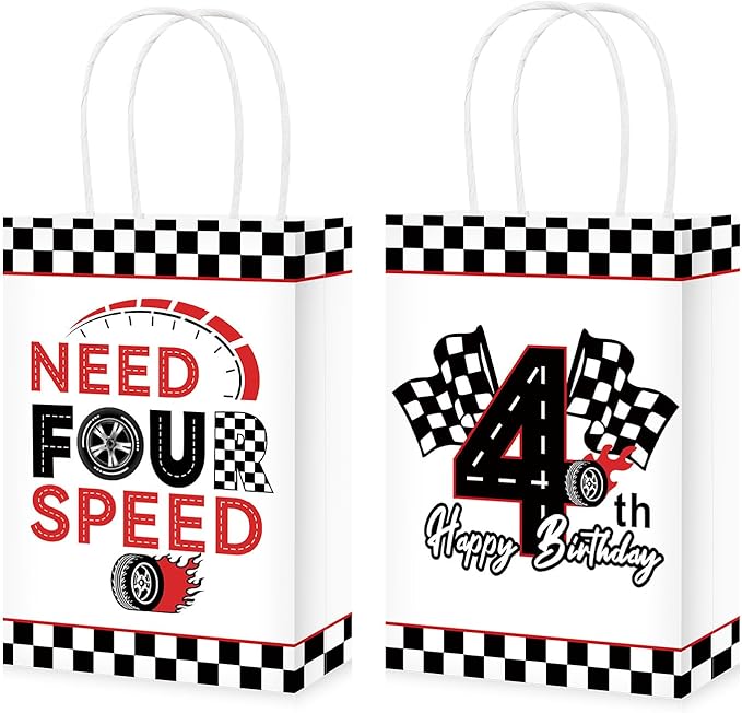 Grencian 16Pcs Need Four Speed Birthday Party Favor Bags Race Car Theme 4th Candy Treat Gift Goodie Bags with Handles Racing Car 4th Birthday Decorations for Kids Boys 4 Year Old Party Favors Supplies