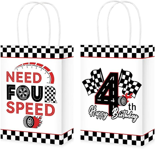 Grencian 16Pcs Need Four Speed Birthday Party Favor Bags Race Car Theme 4th Candy Treat Gift Goodie Bags with Handles Racing Car 4th Birthday Decorations for Kids Boys 4 Year Old Party Favors Supplies