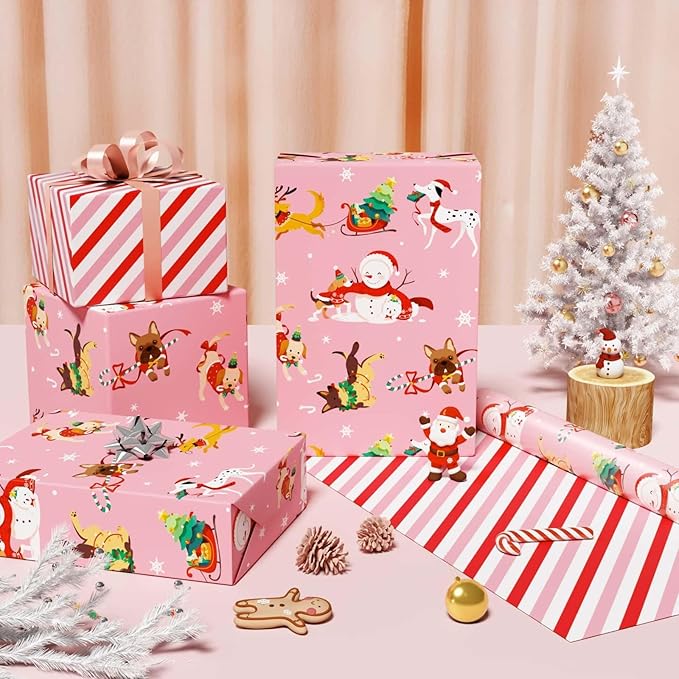 WERNNSAI Dog Christmas Wrapping Paper Roll - 1 Roll 17”x 33 ft Pink Puppy Christmas Wrapping Paper Reversible Red Candy Cane Stripe Gift Wrap for Kids Adults Xmas Winter Puppy Party Celebration
