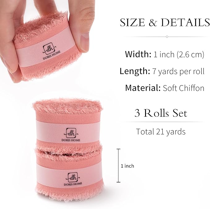 DORIS HOME Dusty Rose Chiffon Ribbon for Flower Bouquet, 1" x21Yd Fabric Ribbon for Gift Wrapping, Handmade Frayed Ribbon for Wedding Invitations/Christmas Decorations