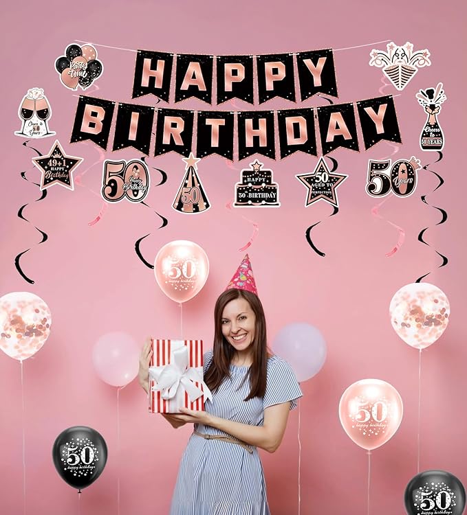 50th Birthday Decorations for Women, Pre-Strung Black Rose Gold Happy Birthday Banner Balloons Backdrop Honeycomb Centerpieces & Hanging Swirl Streamers, 50 Years Old Birthday Party Decorations Kit